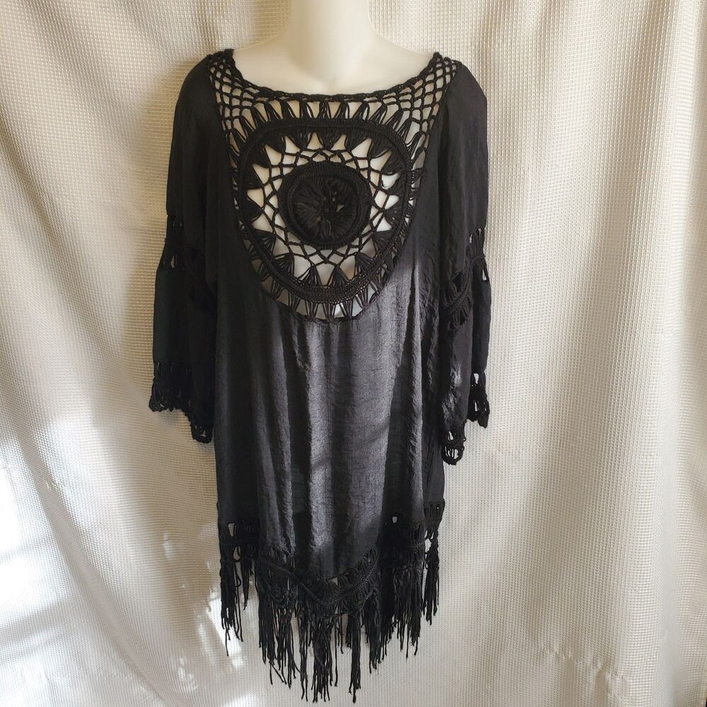 Choa Beach Swim Cover Up Dress Black Crochet Fringe Sz S/M Boho Cottage Summer